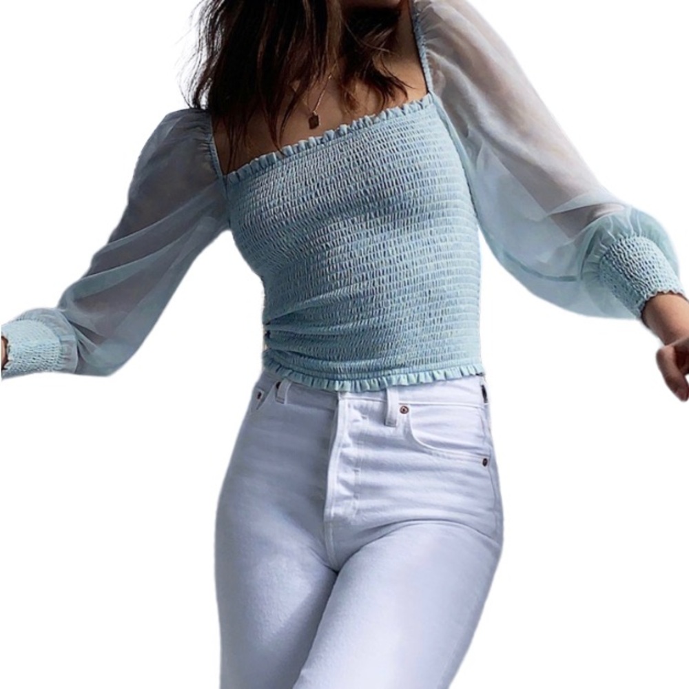Aritzia Wilfred Saga Aura Blue Light Glow Romantic Sheer Sleeves Crop Blouse XS